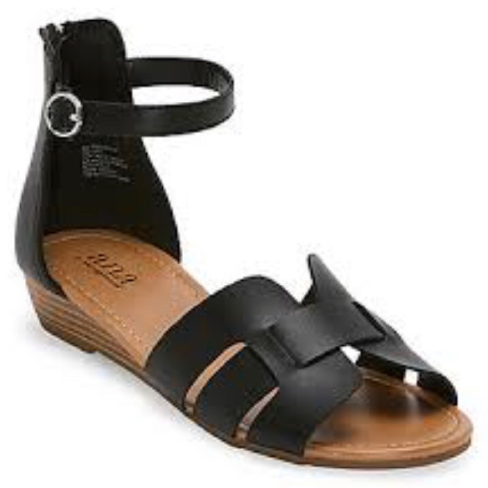a.n.a Women's 9.5 Legion Sandals Black Ankle Strap Low Wedge Zipper NWT